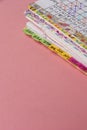 Close-up of Bullet Journal-style notebook labels with daily task follow-ups in colored grids. Habbit Tracker in Spanish Royalty Free Stock Photo