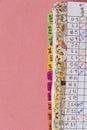 Close-up of Bullet Journal-style notebook labels with daily task follow-ups in colored grids. Habbit Tracker in Spanish