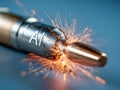 Close-up of a bullet shell igniting with bright sparks symbolizing a powerful explosive reaction, emphasizing dynamic energy and Royalty Free Stock Photo