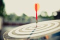 Close-up the bullseye target or dart board has red dart arrow throw hitting the center of a shooting Royalty Free Stock Photo