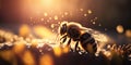 Close up of a bumble bee on honey nectar. Backlit silhouette. Generative ai