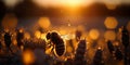 Close up of a bumble bee on honey nectar. Backlit silhouette. Generative ai