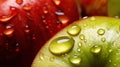 A close up of a bunch of apples with water droplets on them, AI