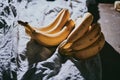 Close-up of a bunch of bananas on a dark fabric Royalty Free Stock Photo