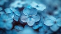 A close up of a bunch of blue flowers with small leaves, AI