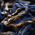 a close up of a bunch of blue and gold rope