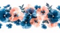 A close up of a bunch of blue and pink flowers, AI