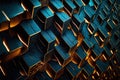 a close up of a bunch of boxes on a wall with a blue background and a yellow light shining on the top