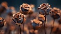 A close up of a bunch of brown and dead roses, AI