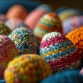 A close up of a bunch of colorful crocheted eggs, AI