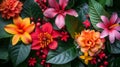 A close up of a bunch of colorful flowers and leaves, AI