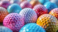 A close up of a bunch of colorful golf balls on the ground, AI