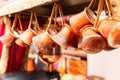 Close up of a bunch of copper coffee pots hanged up in a market in Istanbul Royalty Free Stock Photo