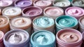 A close up of a bunch of different colored creams and lotions, AI