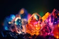 a close up of a bunch of different colored diamonds on a black background with a blurry light in the middle of the image and the Royalty Free Stock Photo