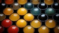 A close up of a bunch of different colored eggs in cups, AI