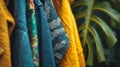 A close up of a bunch of different colored shirts hanging on the wall, AI