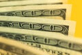 Close-up of bunch dollar bills with selective focus, one hundred dollar banknotes macro photo