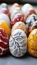 A close up of a bunch of eggs on a table, ornate mandalas painted on stones