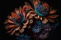 a close up of a bunch of flowers on a black background with a black background and a blue and orange flower