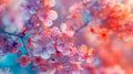 A close up of a bunch of flowers that are pink and blue, AI