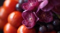 a close up of a bunch of fruit with flowers in the middle of it and grapes in the middle of the fruit and flowers in the middle Royalty Free Stock Photo