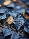 a close up of a bunch of gold and blue leaves