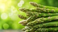 A close up of a bunch of green asparagus on top of some wood, AI Royalty Free Stock Photo