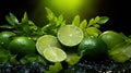 A close up of a bunch of limes and some leaves, AI Royalty Free Stock Photo