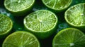 A close up of a bunch of limes with water drops on them, AI