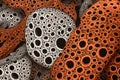 A close up of a bunch of orange and black circles, AI