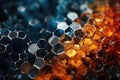 A close up of a bunch of orange and blue hexagons, AI