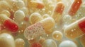 A close up of a bunch of pills and capsules floating in water, AI