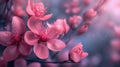 A close up of a bunch of pink flowers on the branch, AI