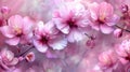 A close up of a bunch of pink flowers on the wall, AI