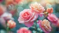 A close up of a bunch of pink roses with blurry background, AI