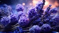 A close up of a bunch of purple flowers in front of some lights, AI