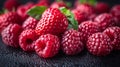A close up of a bunch of raspberries on top of each other, AI