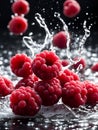 A close up of a bunch of raspberries with water splashing around Royalty Free Stock Photo