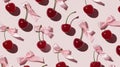 Close up of a bunch of red cherries with pink bows Royalty Free Stock Photo