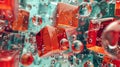 A close up of a bunch of red cubes with clear water surrounding them