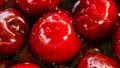 Close up of a bunch of ripe cherries with stems and leaves. Big collection of red berries. Ripe background. Selective focus Royalty Free Stock Photo