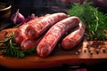 A close up of a bunch of sausages on a cutting board. Sausage prepared for smoking and grilling. Homemade farm production