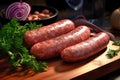 A close up of a bunch of sausages on a cutting board. Sausage prepared for smoking and grilling. Homemade farm production