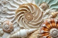 Close-up of a Bunch of Seashells, An intricate, spiraling design mimicking the shapes and colors of various seashells, AI Royalty Free Stock Photo