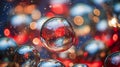 a close up of a bunch of shiny bubbles on a background of red and blue lights