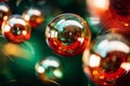 a close up of a bunch of shiny red and green christmas ornaments