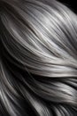 Close-up of a bunch of shiny straight gray hair in a wavy curved style.