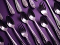 A close up of a bunch of spoons and forks. AI generative image.