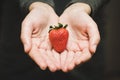 A close of two hands offering a heartshaped strawberry.